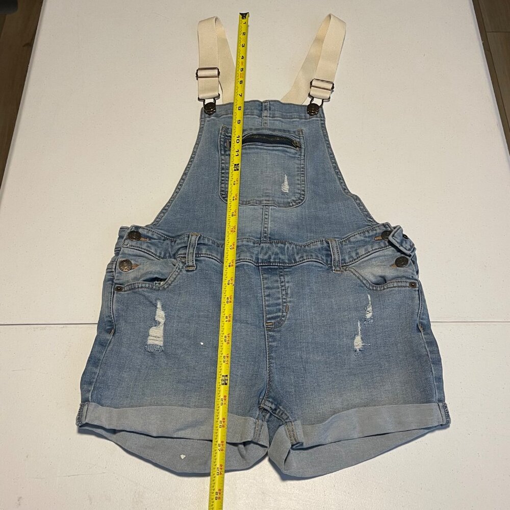 Distressed blue denim short jumpsuit with adjustable white straps, Size 16 - Picture 8 of 12